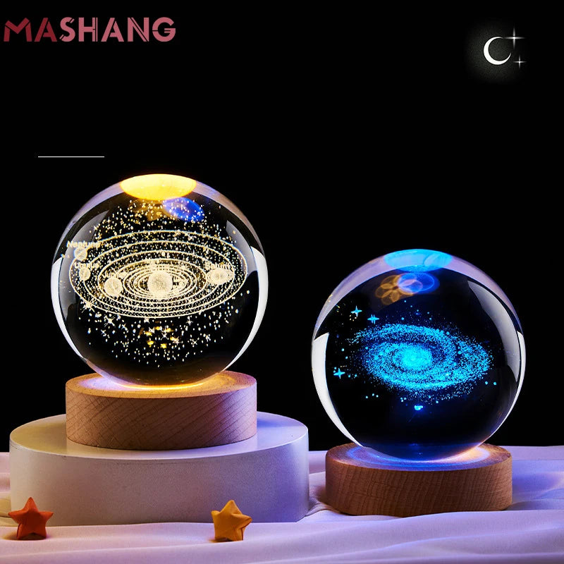 Moon/Galaxy Star/Saturn Crystal Ball Lamp 7Colors 3D Solar System Led Bedside Night Light with Wooden Base Desktop Bedroom Decor